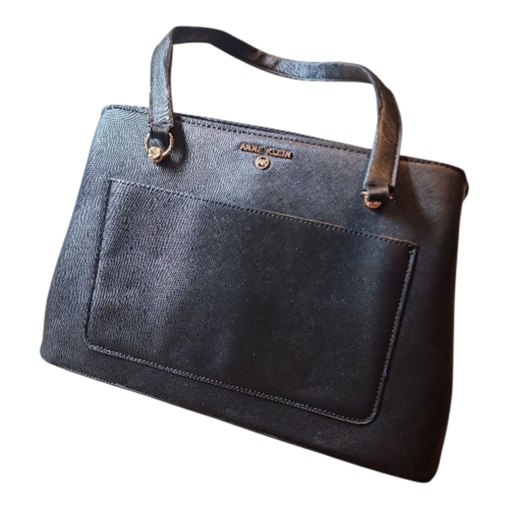 ANNE KLEIN‎ | Black Satchel Shoulder Purse Bag Gold Hardware Pockets Zipper Lion